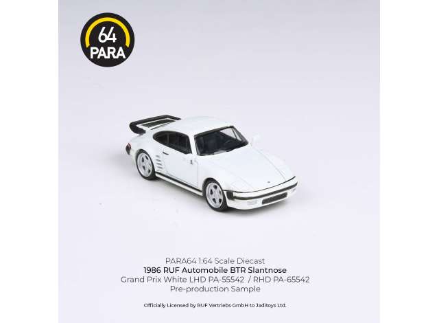 PRE-ORD3R Para64 Modeliukas 1/64 1986 RUF BTR Slantnose, white left hand drive (cars in a deluxe Acrylic window box)