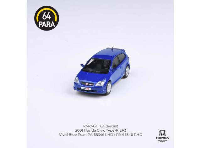 PRE-ORD3R Para64 Modeliukas 1/64 2001 Honda Civic Type R EP3, blue left hand drive (cars in a deluxe Acrylic window box)
