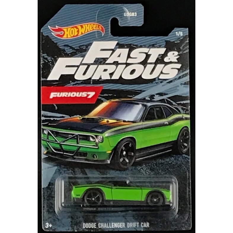 Hot Wheels Mainline Fast and Furious Modeliukas Dodge Challenger Drift Car Green (yra Sandėlyje)