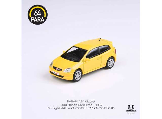 PRE-ORD3R Para64 Modeliukas 1/64 2001 Honda Civic Type R EP3, yellow left hand drive (cars in a deluxe Acrylic window box)