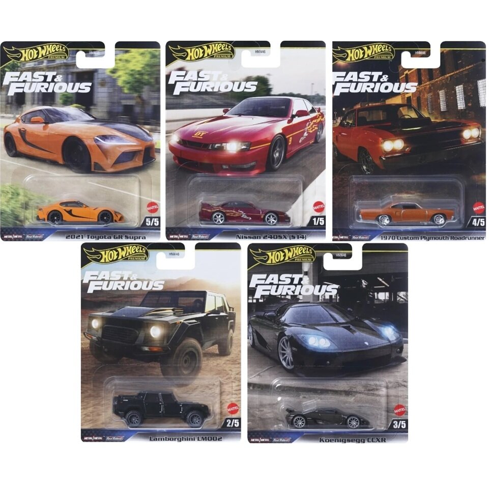 PRE-ORDER Hot Wheels Premium Fast Furious 2025 Modeliukų rinkinys (Plymouth Roadrunner,Koenigsegg CCXR,Nissan 240SX,Toyota Supra,Lamborghini LM002)