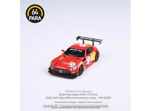 Para64 Modeliukas 2022 Mercedes AMG GT3 Evo 24H Spa 50yth anniversary, red/yellow (cars in a deluxe Acrylic window box)