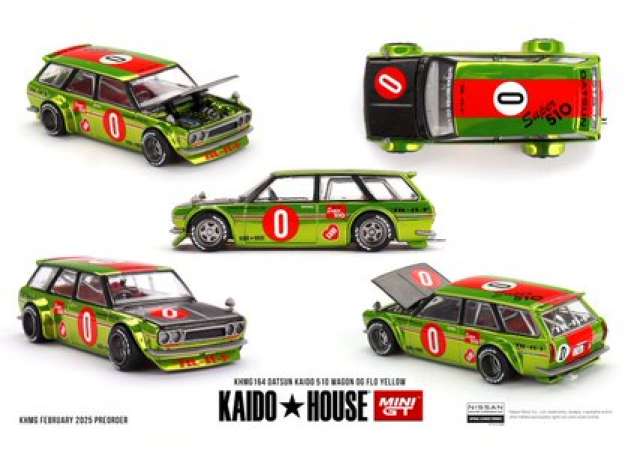 PRE-ORD3R Mini GT Modeliukas 1/64 1969 Datsun Kaido 510 Wagon OG, Flo yellow