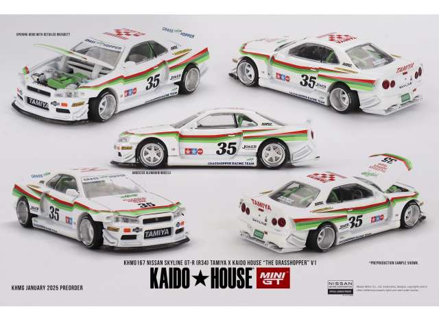 PRE-ORD3R Mini GT Modeliukas 1/64 1999 Nissan Skyline GT-R (R34) Tamiya *The Grasshopper* V1, white/green/red