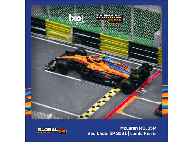 PRE-ORD3R Tarmac Modeliukas 1/64 2021 McLaren MCL35M #14 Lando Norris Abu Dhabi Grand Prix, yellow/blue