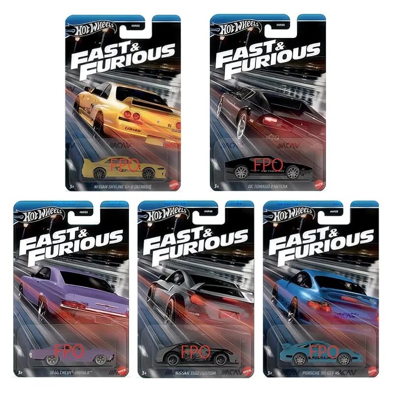 PRE-ORDER Hot Wheels Mainline Fast and Furious Modeliukų rinkinys (Nissan Skyline R33;De Tomaso Pantera;Cevrolet Impala;Nissan 350Z;Porsche 911 GT3)