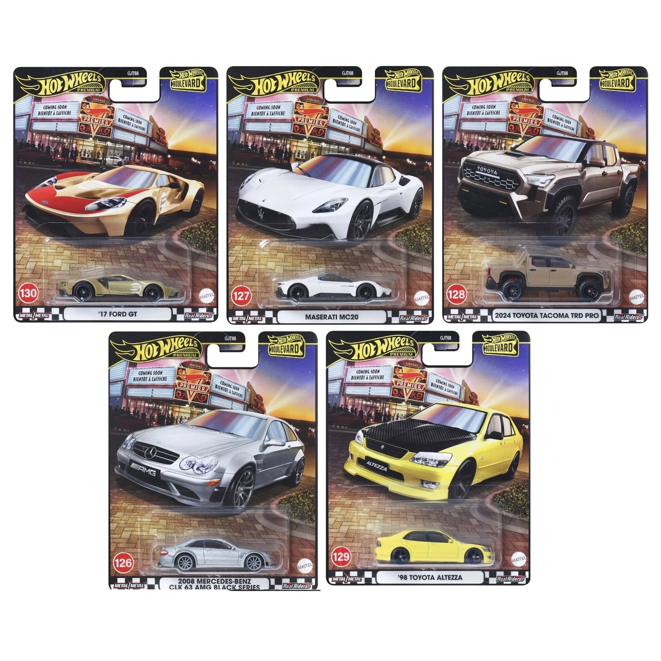 PRE-ORDER Hot Wheels Premium Boulevard 2025 Modeliukų rinkinys (Ford GT, Maserati, Toyota Tacoma, Mercedes CLK 63, Toyota Altezza)