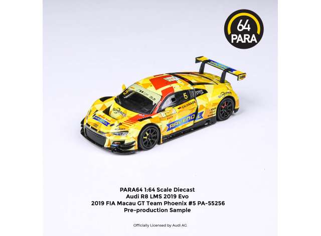 PRE-ORD3R Para64 Modeliukas 2019 Audi R8 LMS EVO #5 Phoenix Racing Fia Macau GT, yellow/red (cars in a deluxe Acrylic window box)