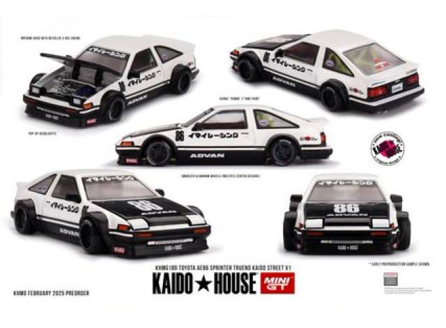 PRE-ORD3R Mini GT Modeliukas 1/64 1983 Toyota Sprinter Trueno (AE86) Kaido Works Imai Racing V1, black/white