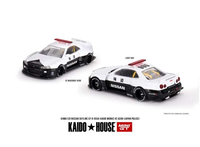 Mini GT Modeliukas 1999 Nissan Skyline GT-R (R34) Kaido Works V2 Aero, white/black (yra Sandėlyje)