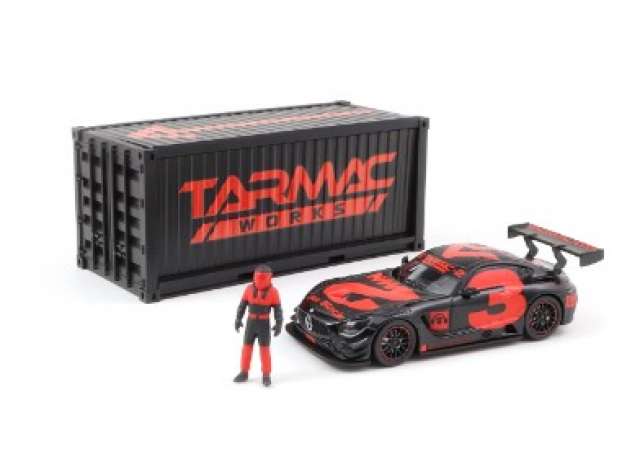 PRE-ORD3R Tarmac Modeliukas 1/64 2018 Mercedes AMG GT3 #3 with container & figure, red