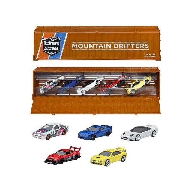 Hot Wheels Premium Mountain Drifters Car Culture in Special Container Modeliukų rinkinys (Liberty Walk ER34 Super Silhouette Nissan Skyline,Toyota Celica,Mitsubishi 3000,Toyota AE86 Sprinter Trueno,2003 Honda NSX Type-R) (yra Sandėlyje)