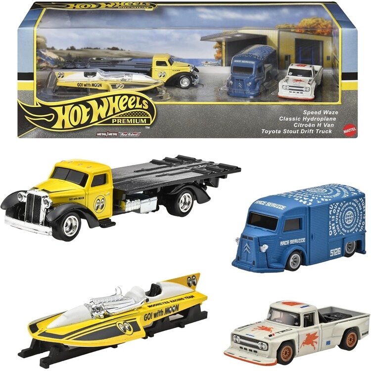 Hot Wheels Premium Diorama Modeliukas Motorhead Madness (Speed Waze,Hydroplane,Citroen Van,Toyota Stout Drift truck) (yra Sandėlyje)