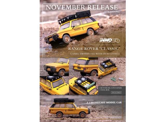 Inno64 Modeliukas 1982 Range Rover *Camel Trophy* with 1 Tool Box & 4 Fuel Tanks on the Rood Rack included, camel yellow with after race dirt effects