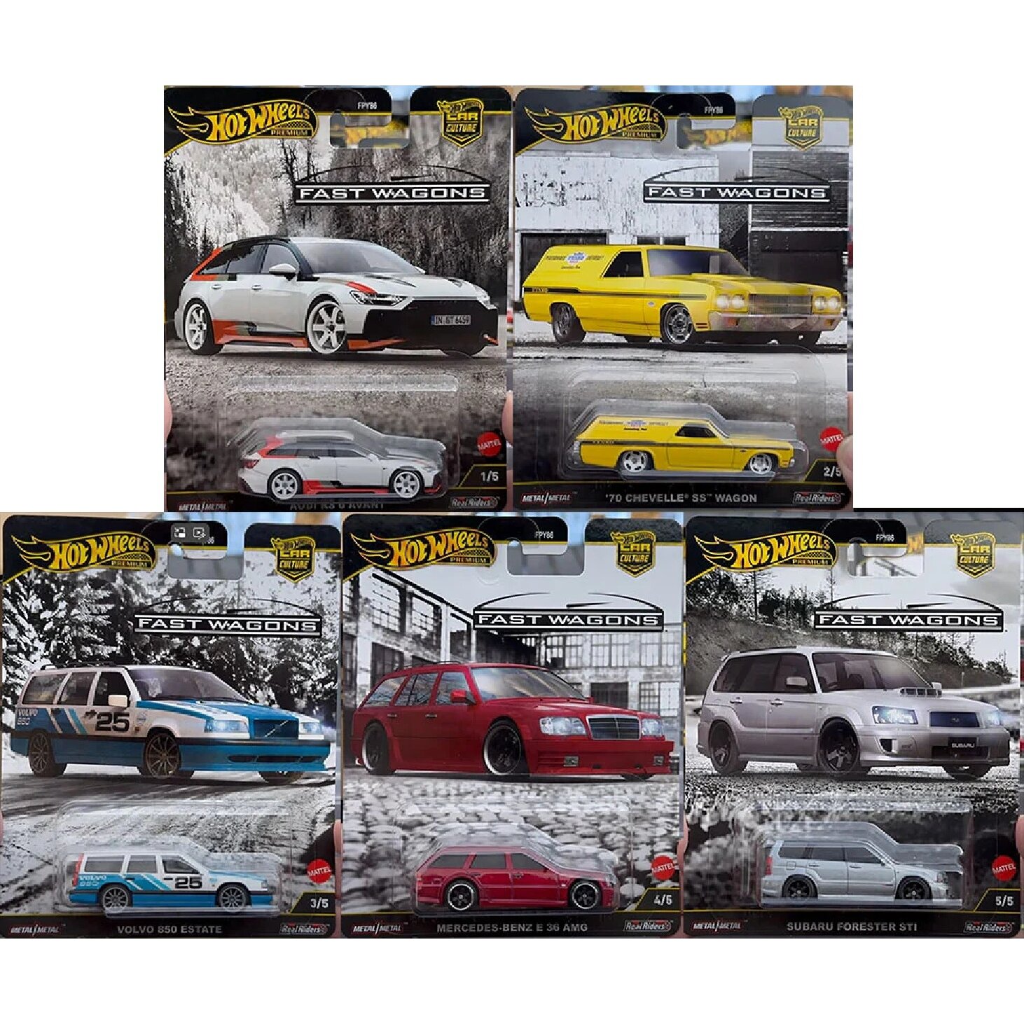 PRE-ORDER Hot Wheels Premium Fast Wagons Modeliukų rinkinys (Audi RS6,Mercedes E36,Subaru,Volvo,Chevelle)