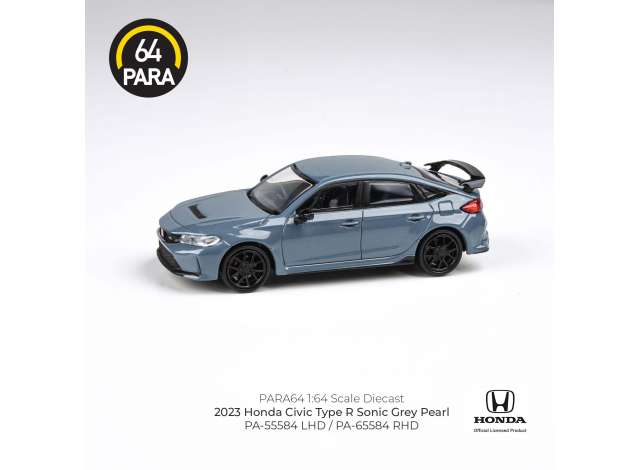 PRE-ORD3R Para64 Modeliukas 1/64 2023 Honda Civic Type R, sonic grey pearl left hand drive (cars in a deluxe Acrylic window box)