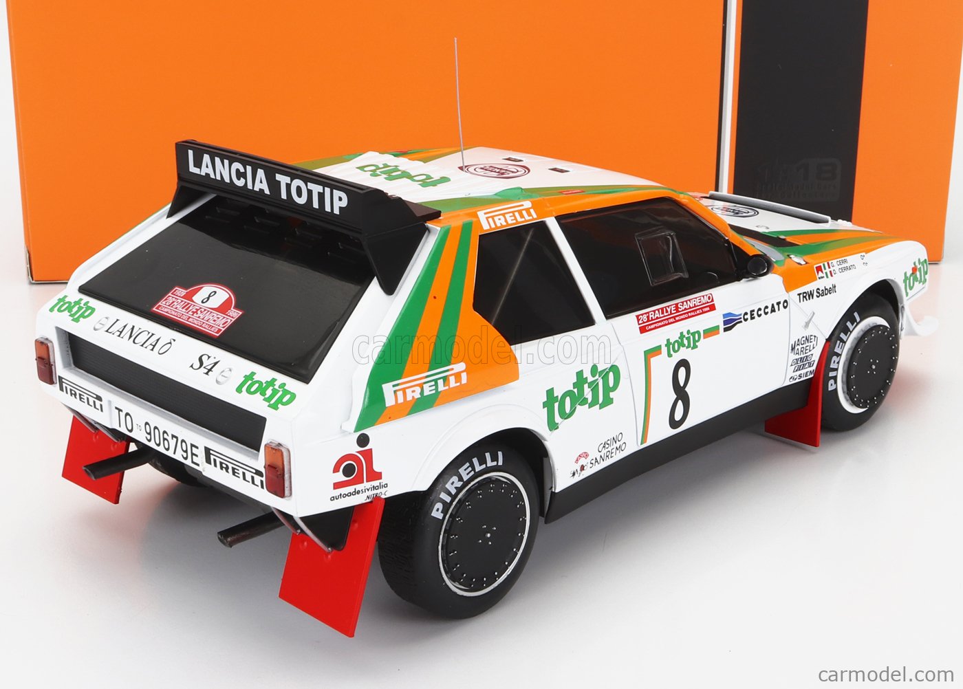 PRE-ORD3R IXO Models Modeliukas 1/18 1986 Lancia Delta S4 #8 Rally San Remo, D. Cerrato/G. Cerri