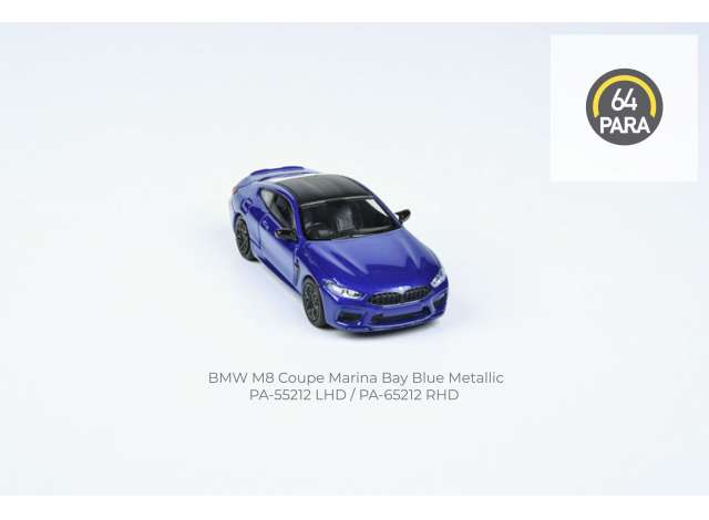 Para64 Modeliukas BMW M8 Coupe *Right Hand Drive*, blue (cars in a deluxe Acrylic window box) (yra Sandėlyje)