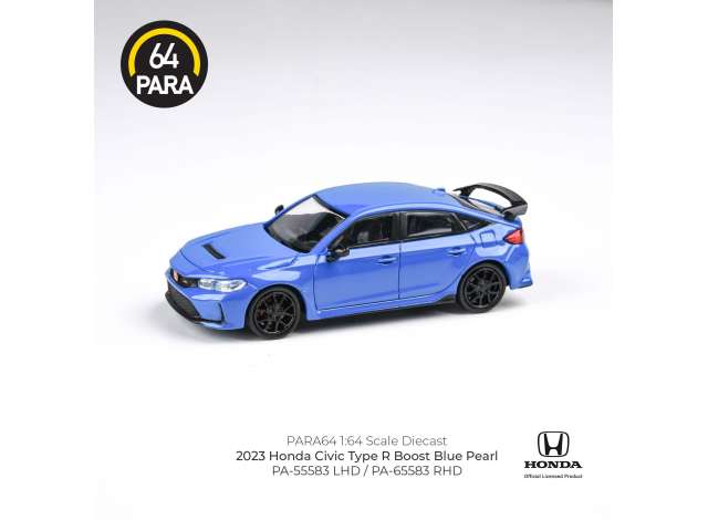 PRE-ORD3R Para64 Modeliukas 1/64 2023 Honda Civic Type R, boost blue pearl right hand drive (cars in a deluxe Acrylic window box)