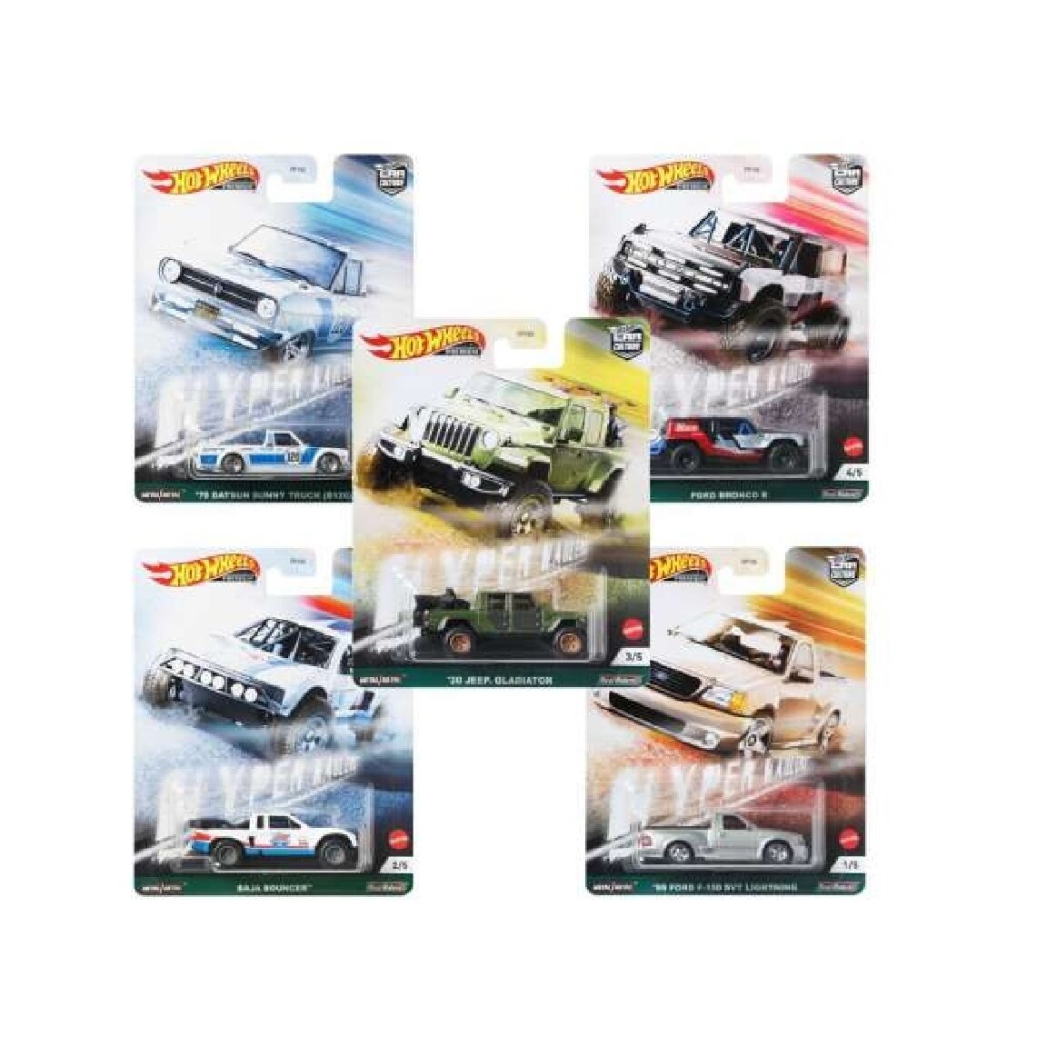 Hot Wheels Premium Hyper Trucks Car Culture Modeliukų rinkinys (Baja Bouncher,Ford Bronco,2020 Jeep Gladiator,1975 Datsun Sunny Truck B120,1999 Ford F-150 SVT)
