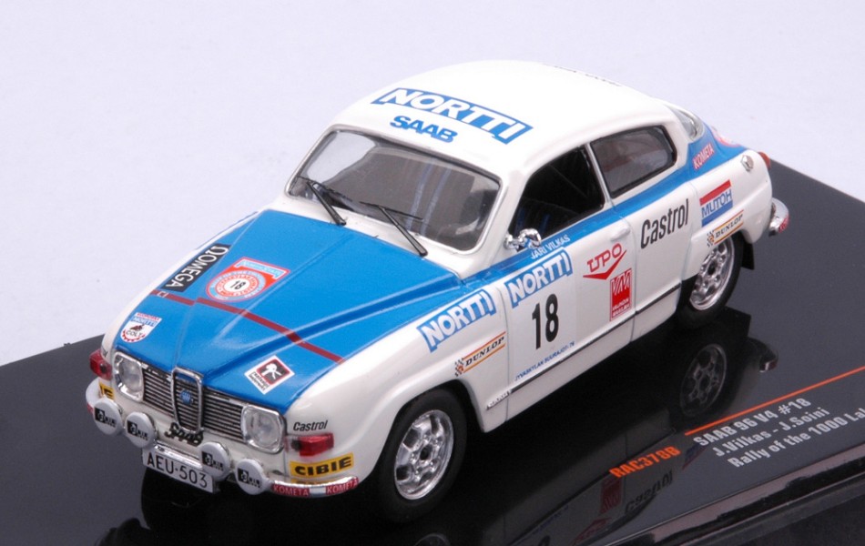 PRE-ORD3R IXO Models Modeliukas 1/43 1976 Saab 96 V4 #18 1000 Lakes Rally Vilkas/Soini, white/blue