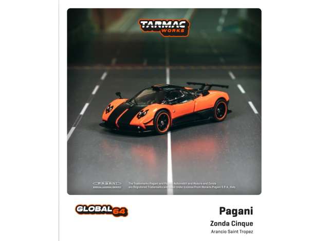 PRE-ORD3R Tarmac Modeliukas 1/64 Pagani Zonda Cinque Arancio Saint Tropez, orange/black