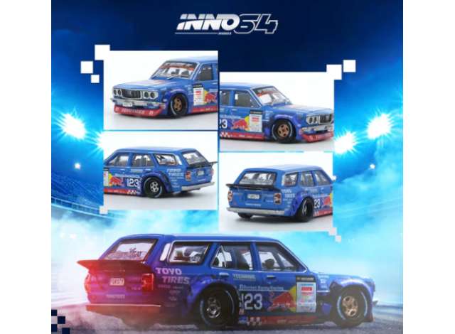 PRE-ORD3R Inno64 Modeliukas 1/64 1976 Mazda RX3 *Mad Mike* Station Wagen D1GP Series 2024, blue