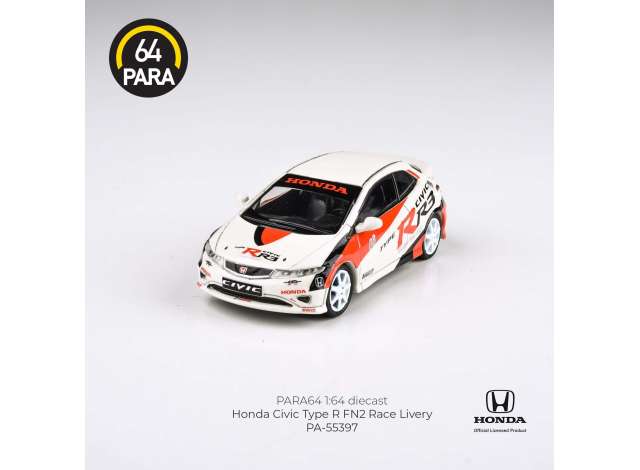 PRE-ORD3R Para64 Modeliukas 1/64 2007 Honda Civic Type R FN2, white/red race livery left hand drive (cars in a deluxe Acrylic window box)