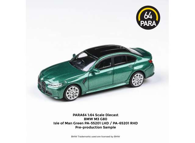 Para64 Modeliukas 2020 BMW M3 G80 *Right Hand Drive*, isle of man green (cars in a deluxe Acrylic window box)