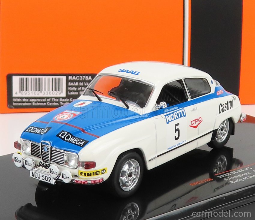 PRE-ORD3R IXO Models Modeliukas 1/43 1976 Saab 96 V4 #5 1000 Lakes Rally Lampinen/Markkanen, white/blue