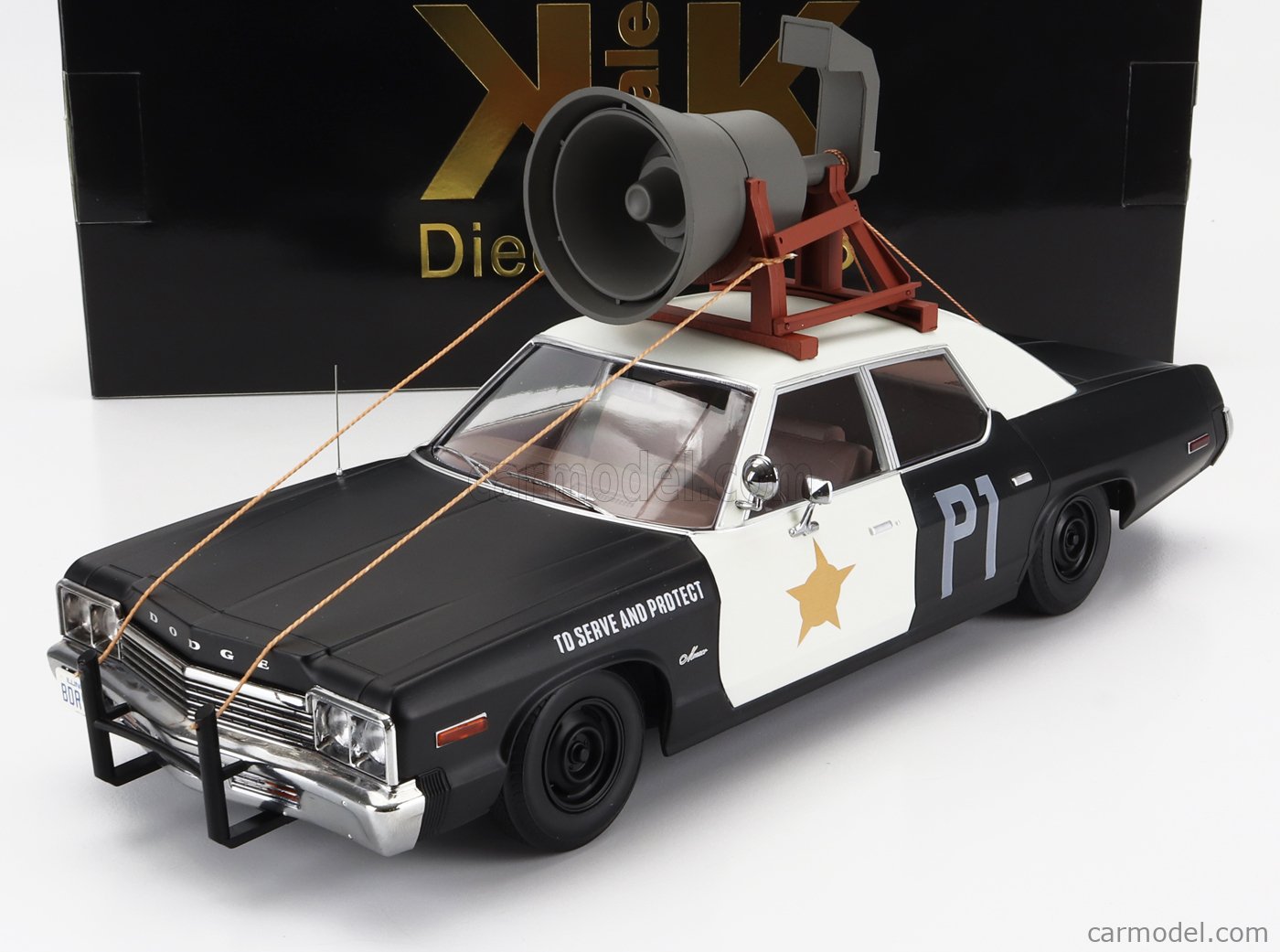 PRE-ORD3R KK Scale Modeliukas 1/18 1974 Dodge Monaco with Speaker on the Roof, black/white