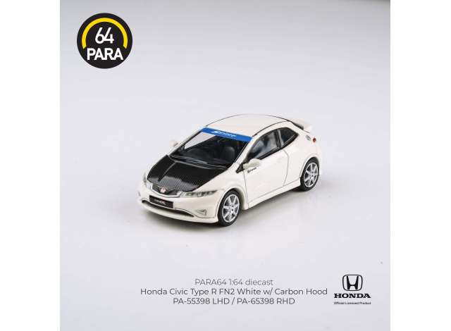 PRE-ORD3R Para64 Modeliukas 1/64 2007 Honda Civic Type R FN2, white/carbon hood left hand drive (cars in a deluxe Acrylic window box)