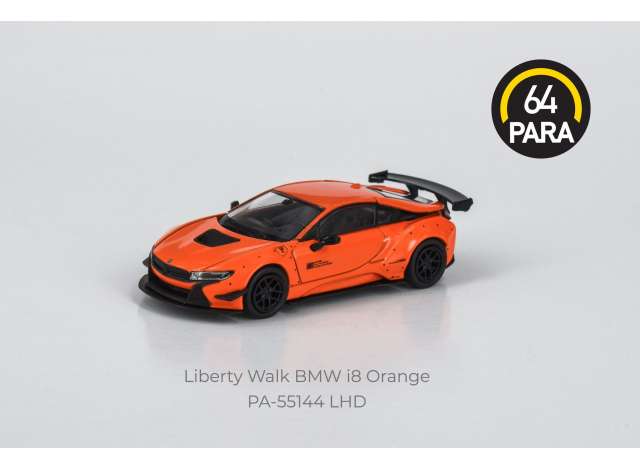 PRE-ORD3R Para64 Modeliukas 2018 Liberty Walk BMW i8 *Left Hand Drive*, orange (cars in a deluxe Acrylic window box)