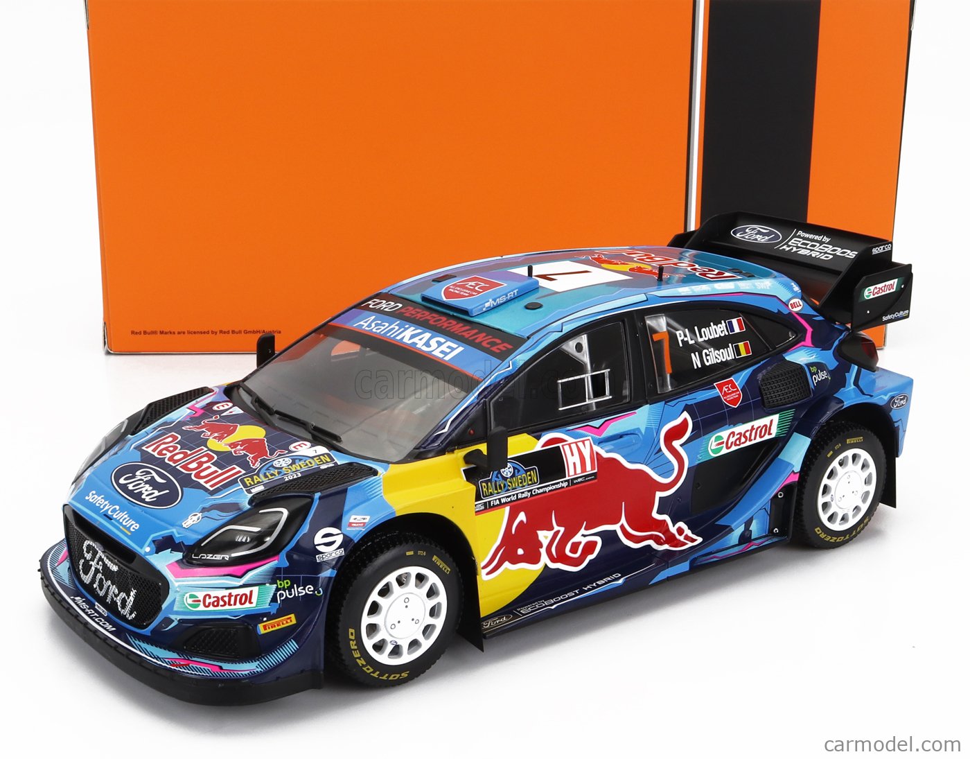 PRE-ORD3R IXO Models Modeliukas 1/18 2023 Ford Puma Rally WRC1 sweden #7 P-L. Loubet/N. Gilsoul, blue/red/yellow