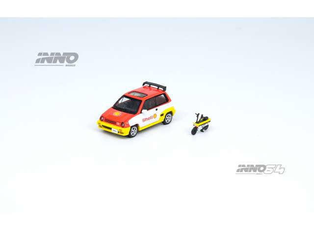 PRE-ORD3R Inno64 Modeliukas 1984 Honda City Turbo II *SHELL*, white version with SHELL Motocompo, yellow/white/red