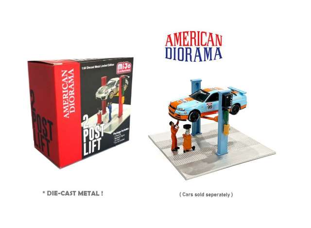 PRE-ORD3R American Diorama Figūrėlės 2 Post Lift with Oil Drainer & Mechanic figure, light blue (Car Not Included !!)