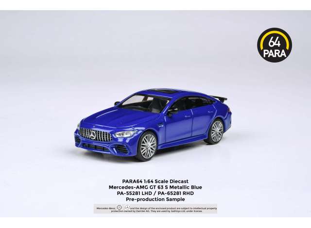 PRE-ORD3R Para64 Modeliukas 1/64 2019 Mercedes Benz AMG GT63 S *Right Hand Drive*, metallic blue (cars in a deluxe Acrylic window box)