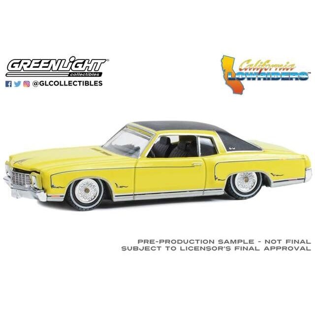 PRE-ORD3R GreenLight Modeliukas 1971 Chevrolet Monte Carlo California Lowriders Series, sunflower yellow with black roof