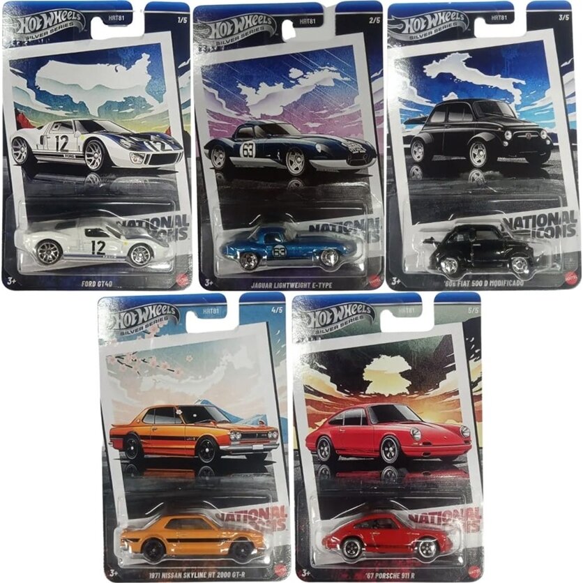 PRE-ORDER Hot Wheels Silverline Modeliukų rinkinys National Icons (Ford GT-40,1960 Fiat 500D,1971 Nissan Skyline 2000,Jaguar Lightweight,1967 Porsche 911 R)
