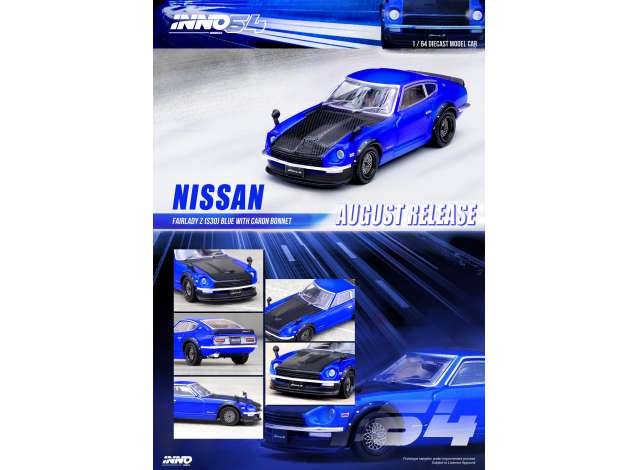PRE-ORD3R Inno64 Modeliukas Nissan Fairlady Z S30, blue with carbon hood