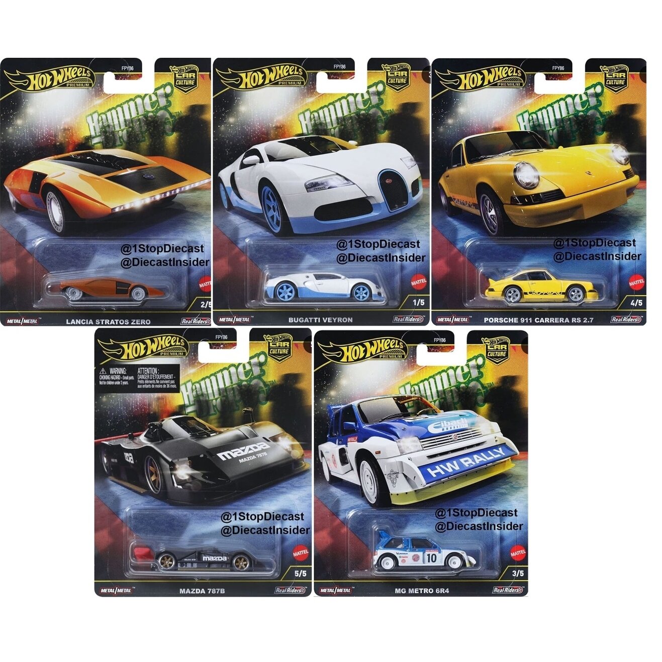 Hot Wheels Premium Car Culture Hummer Drop Modeliukų rinkinys (Lancia Stratos Zero,Porsche 911 Carrera RS,Bugatti Veyron,Mazda 787B,MG Metro) (yra Sandėlyje)