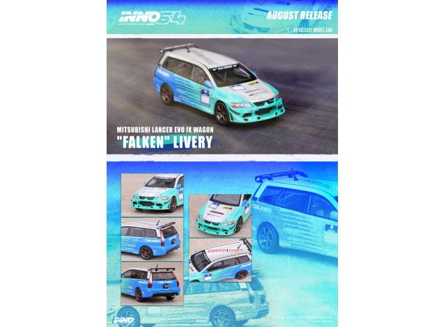 PRE-ORD3R Inno64 Modeliukas Mitsubishi Lancer Evolution IX Wagon *Falken Tires*, grey/green/blue