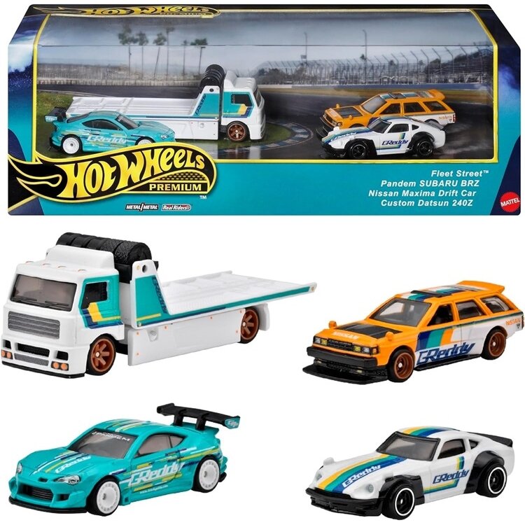Hot Wheels Premium Diorama Modeliukas Drifting Vehicle (Fleet Street,Datsun 240Z,Nissan Maxima Drift,Pandem Subaru BRZ)