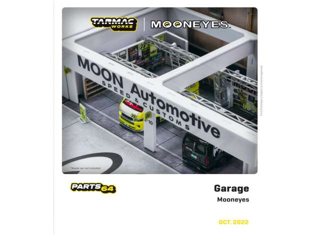 PRE-ORD3R Tarmac Modeliukas 1/64 Pit Garage *Mooneyes Speed & Customs*, white/mooneyes logo