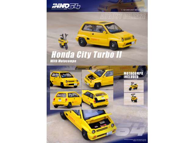 PRE-ORD3R Inno64 Modeliukas 1984 Honda City Turbo II, yellow version with white Motocompo