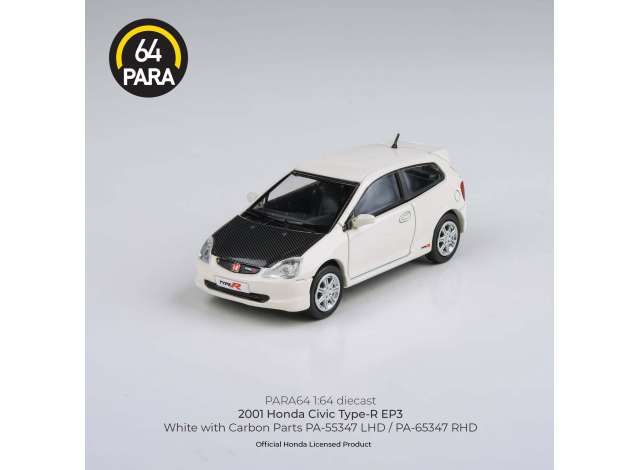 PRE-ORD3R Para64 Modeliukas 1/64 2001 Honda Civic Type R EP3, white with carbon hood left hand drive (cars in a deluxe Acrylic window box)