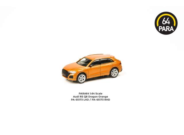 PRE-ORD3R Para64 Modeliukas 1/64 Audi RS Q8 *Left Hand Drive*, dragon orange (cars in a deluxe Acrylic window box)