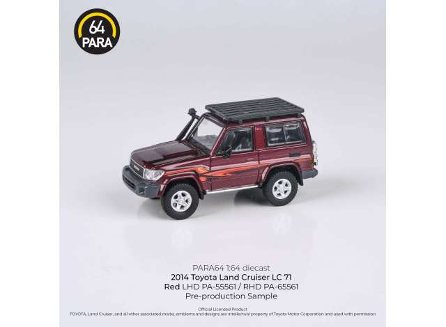 PRE-ORD3R Para64 Modeliukas 1/64 2014 Toyota Land Cruiser 71, red with roof rack Left hand drive (cars in a deluxe Acrylic window box)