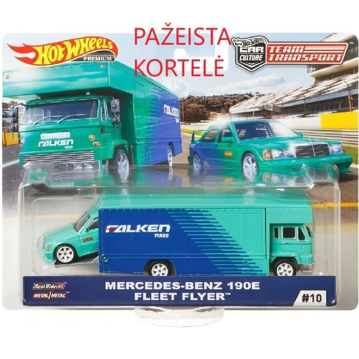 KORTELĖ 7/10!!!   Hot Wheels Premium Team Transport No 10 Modeliukas Mercedes-Benz 190E Fleet Flyer FALKEN