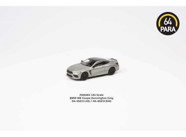 PRE-ORD3R Para64 Modeliukas 1/64 BMW M8 Coupe *Right Hand Drive*, donington grey metallic (cars in a deluxe Acrylic window box)